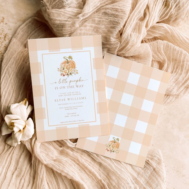 Peach Gingham A Little Pumpkin Baby Invitation (A Little Pumpkin Is on The Way Fall Baby Shower Invitation. Peach Gingham)