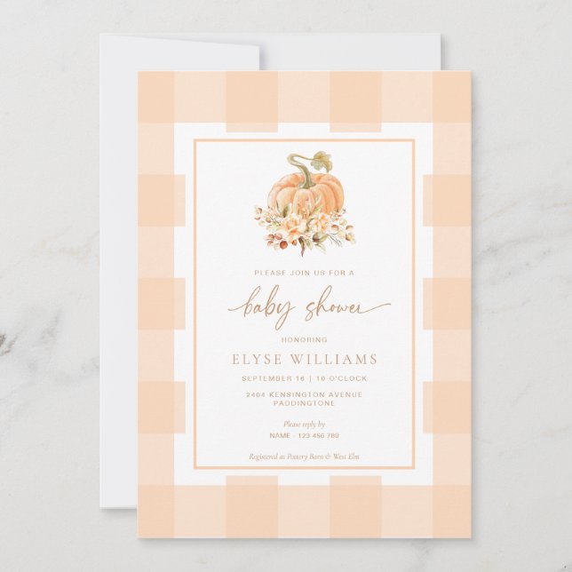 Peach Gingham A Little Pumpkin Baby Shower Invitation (Front)