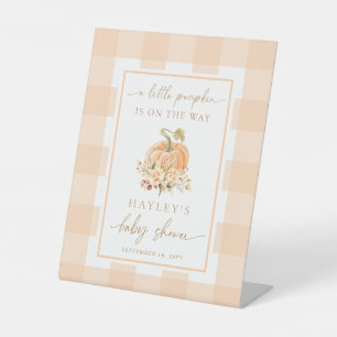 Peach Gingham A Little Pumpkin Baby Shower Welcome Pedestal Sign