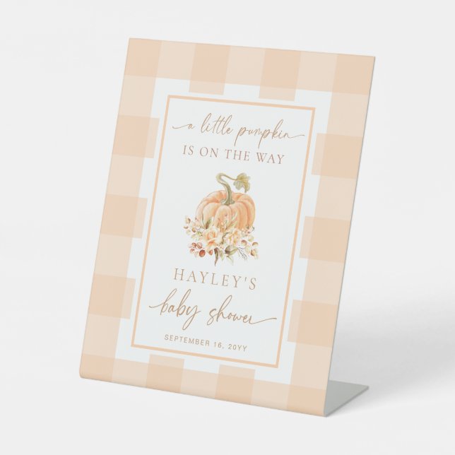 Peach Gingham A Little Pumpkin Baby Shower Welcome Pedestal Sign (Front)