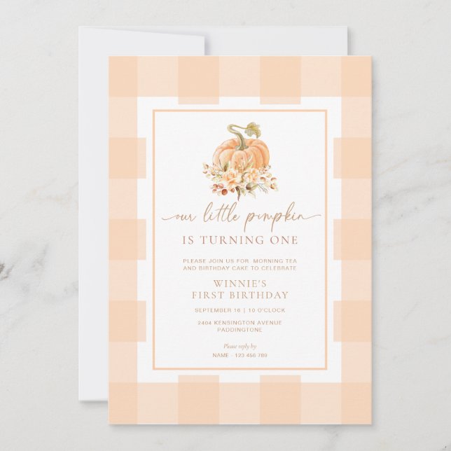 Peach Gingham A Little Pumpkin First Birthday Invitation (Front)