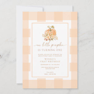Peach Gingham A Little Pumpkin First Birthday Invitation
