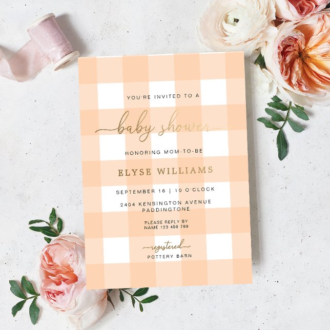 Peach Gingham Baby Shower Foil Invitation (Creator Uploaded)