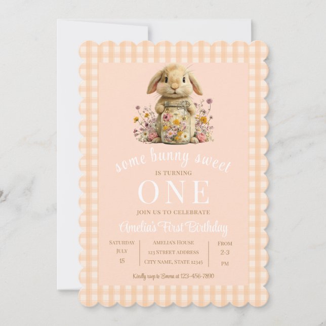 Peach Gingham Bunny 1st Birthday Invite (Front)