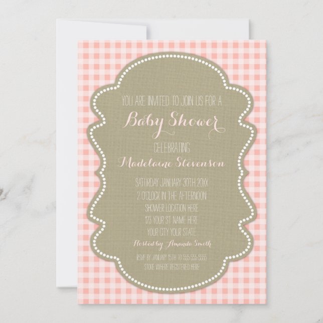 Peach Gingham Burlap Baby Shower Invitations (Back)