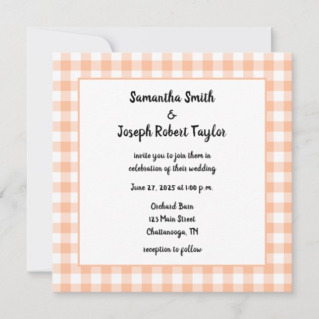 Peach Gingham Country Wedding Invitation (Front)
