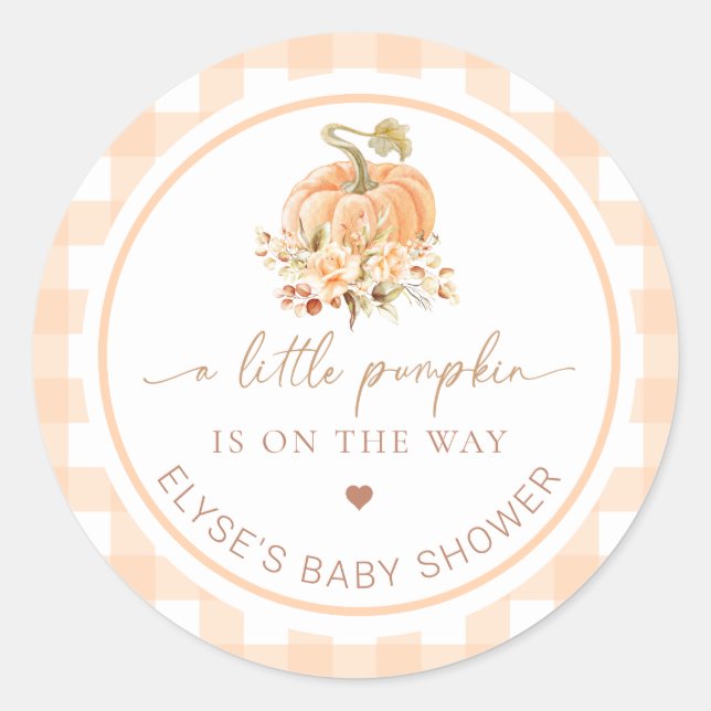 Peach Gingham Fall A Little Pumpkin Is On The Way Classic Round Sticker (Front)
