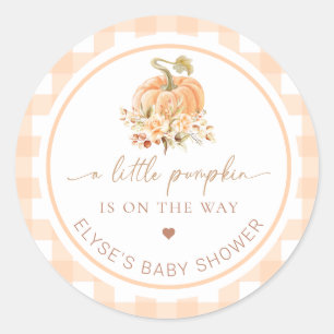 Peach Gingham Fall A Little Pumpkin Is On The Way Classic Round Sticker