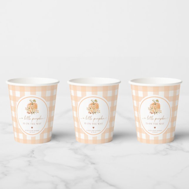 Peach Gingham Fall A Little Pumpkin Is On The Way Paper Cups (Multi)