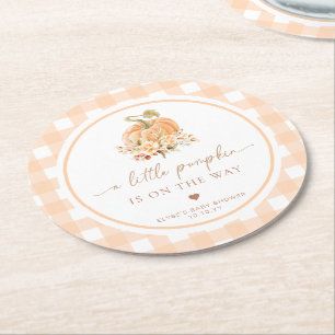 Peach Gingham Fall A Little Pumpkin Is On The Way Round Paper Coaster
