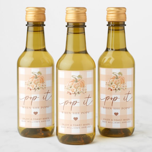 Peach Gingham Fall Pumpkin Pop It When She Pops Wine Label (Bottles)