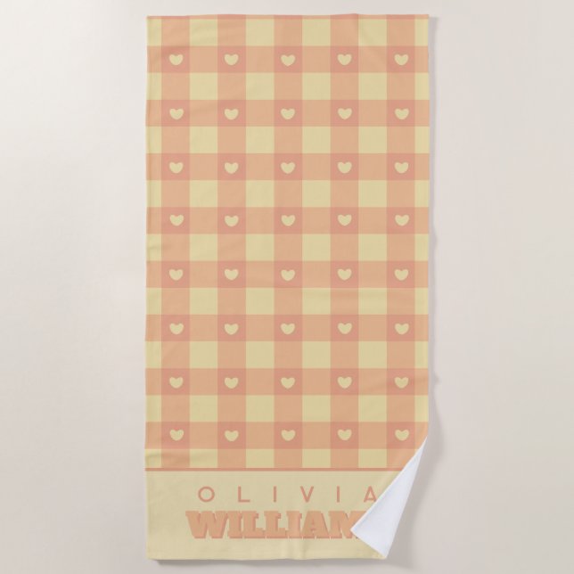 Peach Gingham Heart Pattern, Cute Kawaii Chequered Beach Towel (Front)