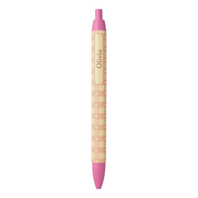 Peach Gingham Heart Pattern, Cute Kawaii Chequered Black Ink Pen (Front Vertical)