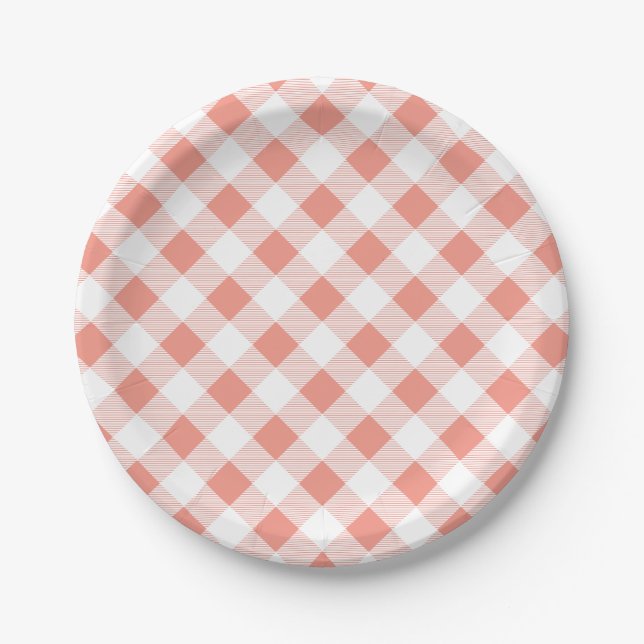 Peach Gingham Pattern, Picnic, BBQ Paper Plate (Front)