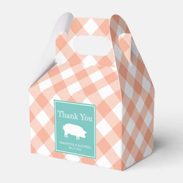 Peach Gingham Pig Roast Favour Box (Front Side)