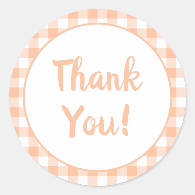 Peach Gingham Thank You Classic Round Sticker (Front)