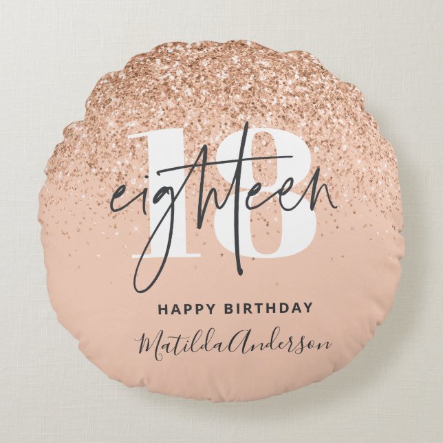 Peach girly modern glitter chic 18 birthday round cushion (Front)