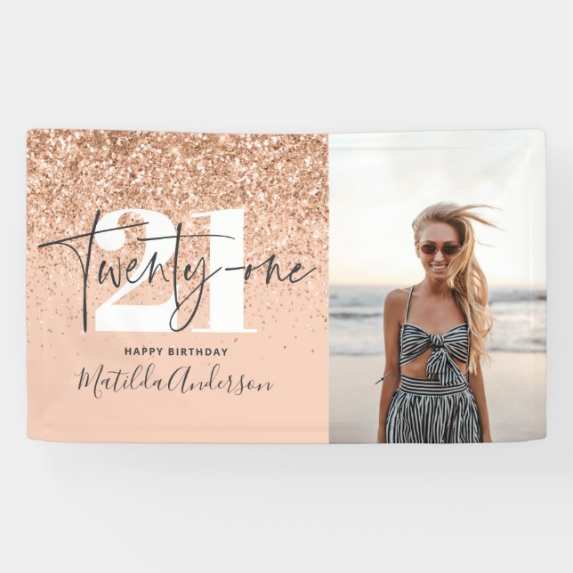 Peach girly modern glitter chic 21 birthday decor banner (Horizontal)