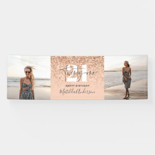 Peach girly modern glitter chic 21 photo birthday banner