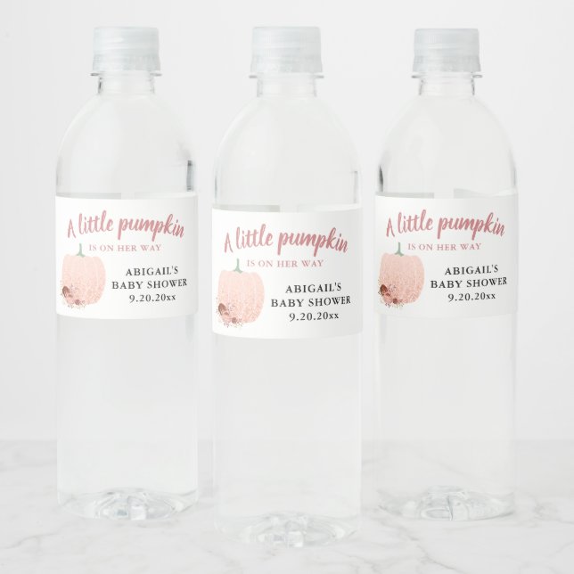 Peach Glitter Baby Shower A Little Pumpkin Water Bottle Label (Bottles)