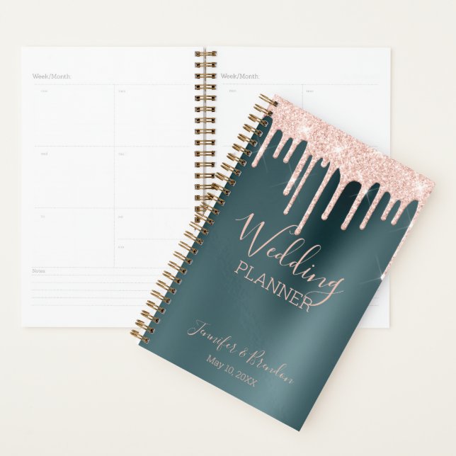 Peach Glitter Drips on Hunter Green Planner (Display)