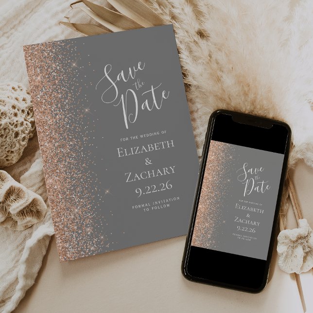 Peach Glitter Edge Grey Save the Date Announcement (Creator Uploaded)