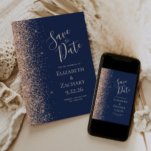 Peach Glitter Edge Navy Blue Save the Date Announcement