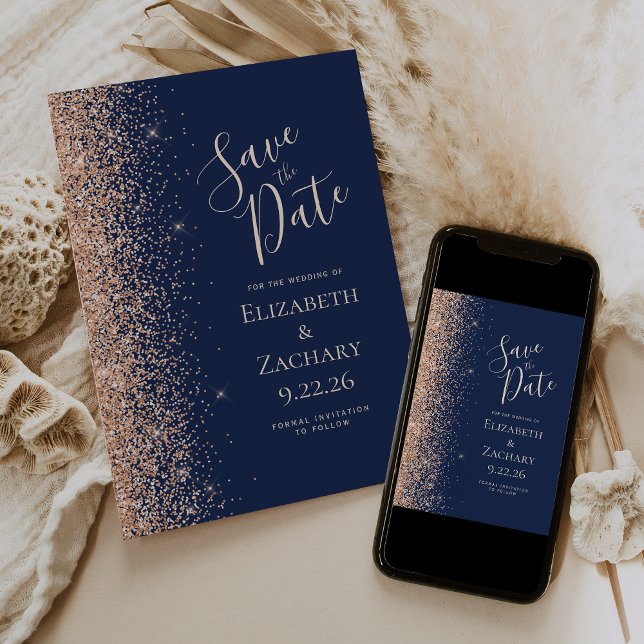 Peach Glitter Edge Navy Blue Save the Date Announcement (Creator Uploaded)
