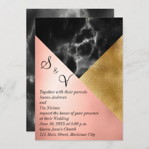 Peach Gold and Black Marble Geometric Invitation