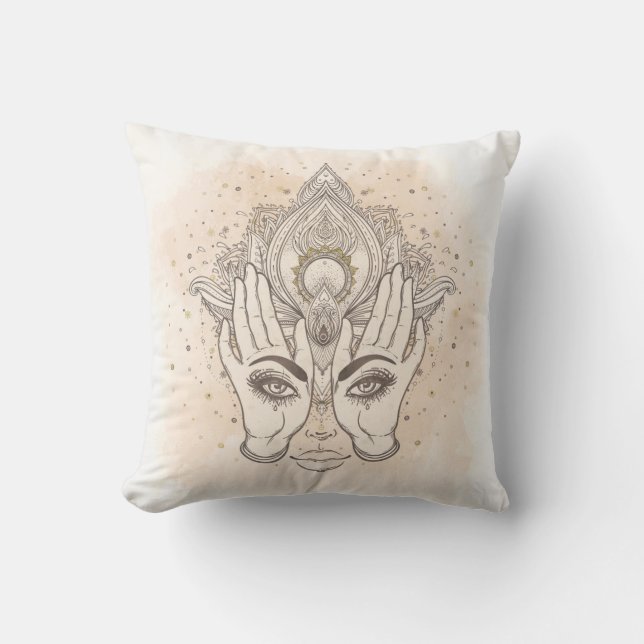 Peach & Gold Boho Lotus Flower Beauty Cushion (Front)