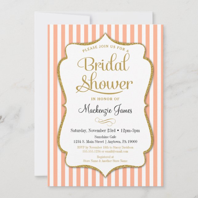 Peach Gold Bridal Shower Invitation Elegant Stripe (Front)