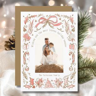 Peach Gold Coquette Christmas Family Photo Doodles Holiday Card