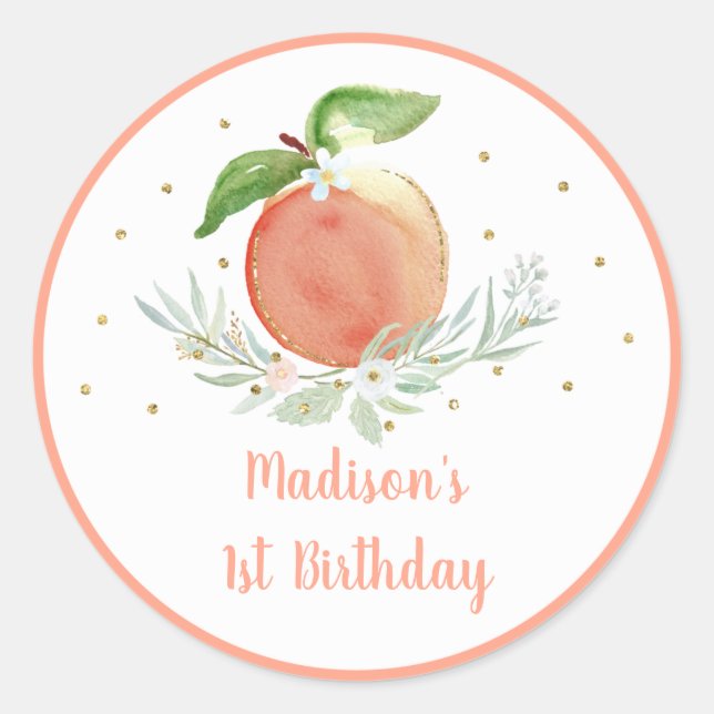 Peach Gold Floral Birthday Classic Round Sticker (Front)