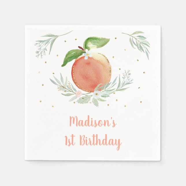 Peach Gold Floral Birthday Napkin (Front)