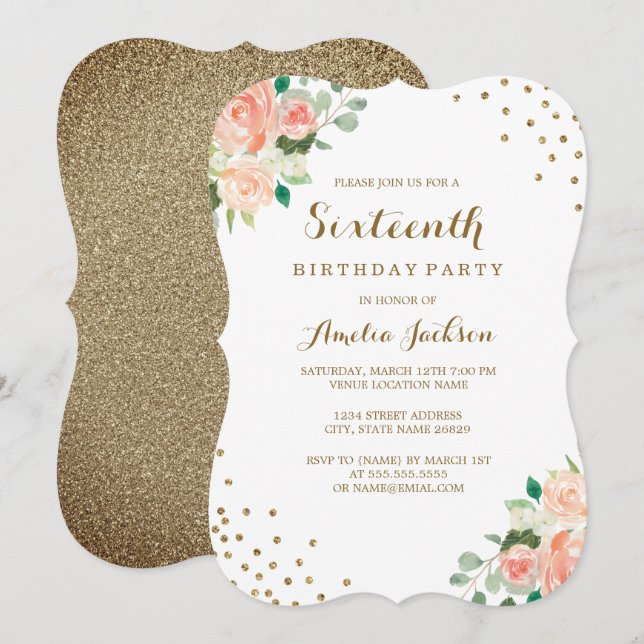 Peach Gold Floral Confetti 16th Birthday Party Invitation (Front/Back)