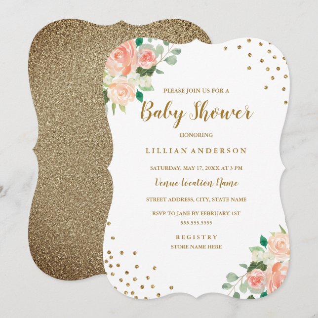 Peach Gold Floral Confetti Baby Shower Invitation (Front/Back)