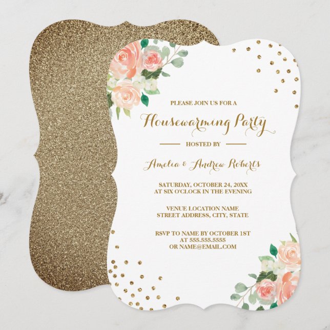 Peach Gold Floral Confetti Housewarming Party Invitation (Front/Back)