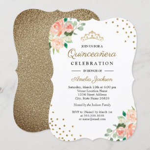 Peach Gold Floral Confetti Quinceanera Invitation