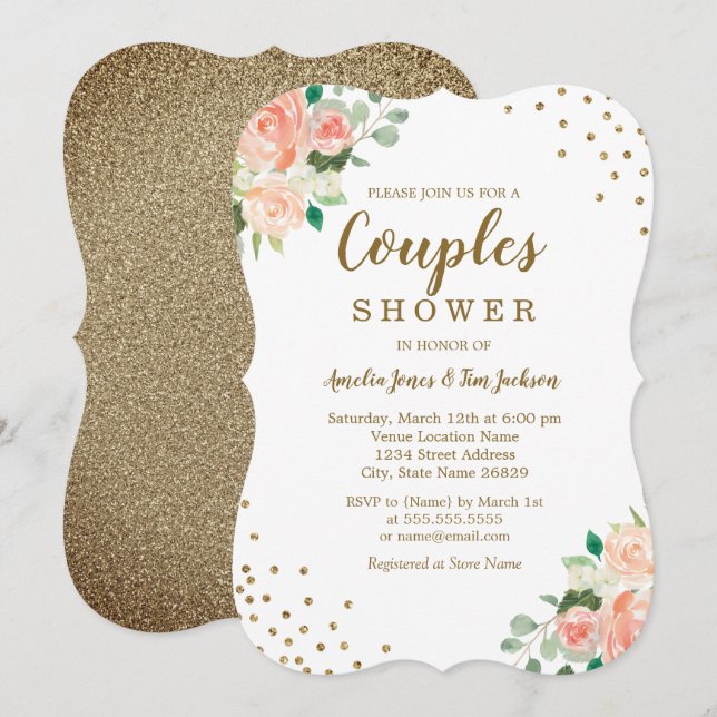 Peach Gold Floral Confetti Wedding Couples Shower Invitation (Front/Back)