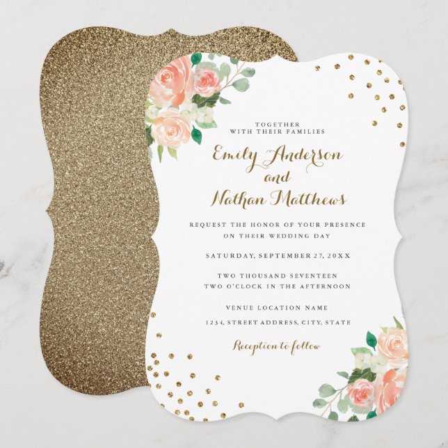 Peach Gold Floral Confetti Wedding Invitation (Front/Back)