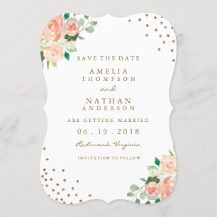 Peach Gold Floral Confetti Wedding Save The Date