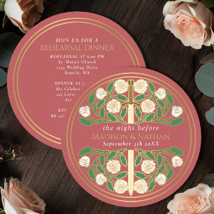 Peach Gold Floral Sword Royal Wedding Rehearsal Invitation
