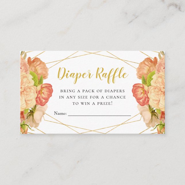 Peach Gold Flowers Diaper Raffle Tickets Enclosure Card (Front)