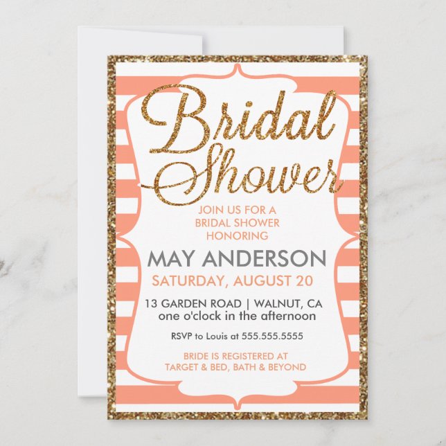 Peach Gold Glitter Bridal Shower Invitation (Front)