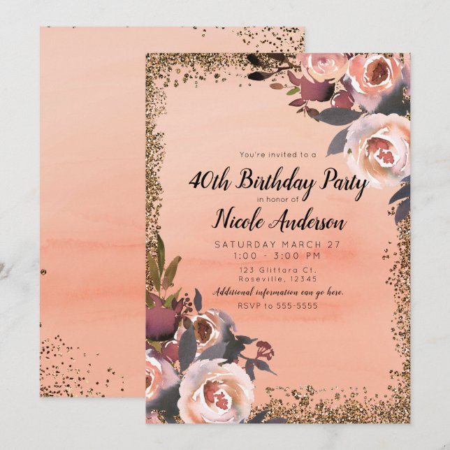 Peach & Gold Glitter Floral Modern Birthday Party Invitation (Front/Back)
