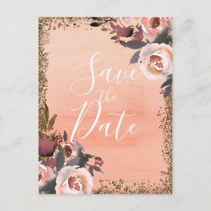 Peach & Gold Glitter Floral Modern Save the Date Announcement Postcard