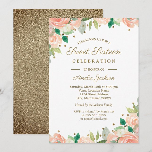 Peach Gold Glitter Floral Sweet Sixteen Invite (Front/Back)