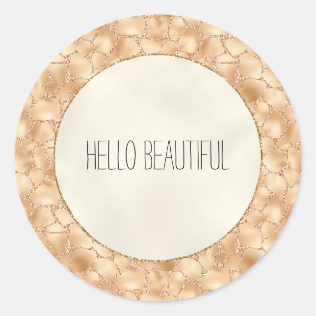Peach Gold Glitter Glam Sparkle Giraffe Print Classic Round Sticker (Front)