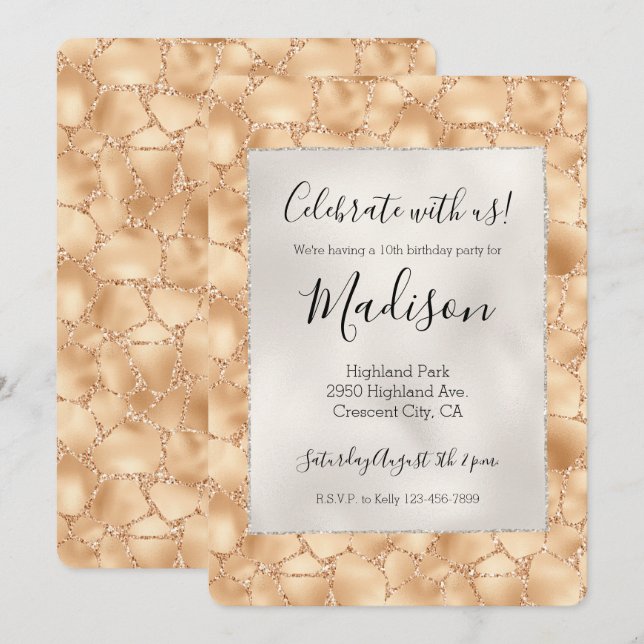 Peach Gold Glitter Glam Sparkle Giraffe Print Invitation (Front/Back)