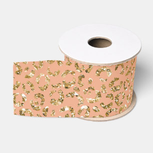 Peach Gold Glitter Leopard Print Grosgrain Ribbon